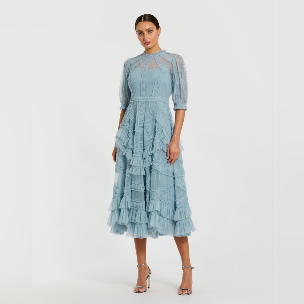 Blue High Neck Micro Ruffle Tiered Midi Dress